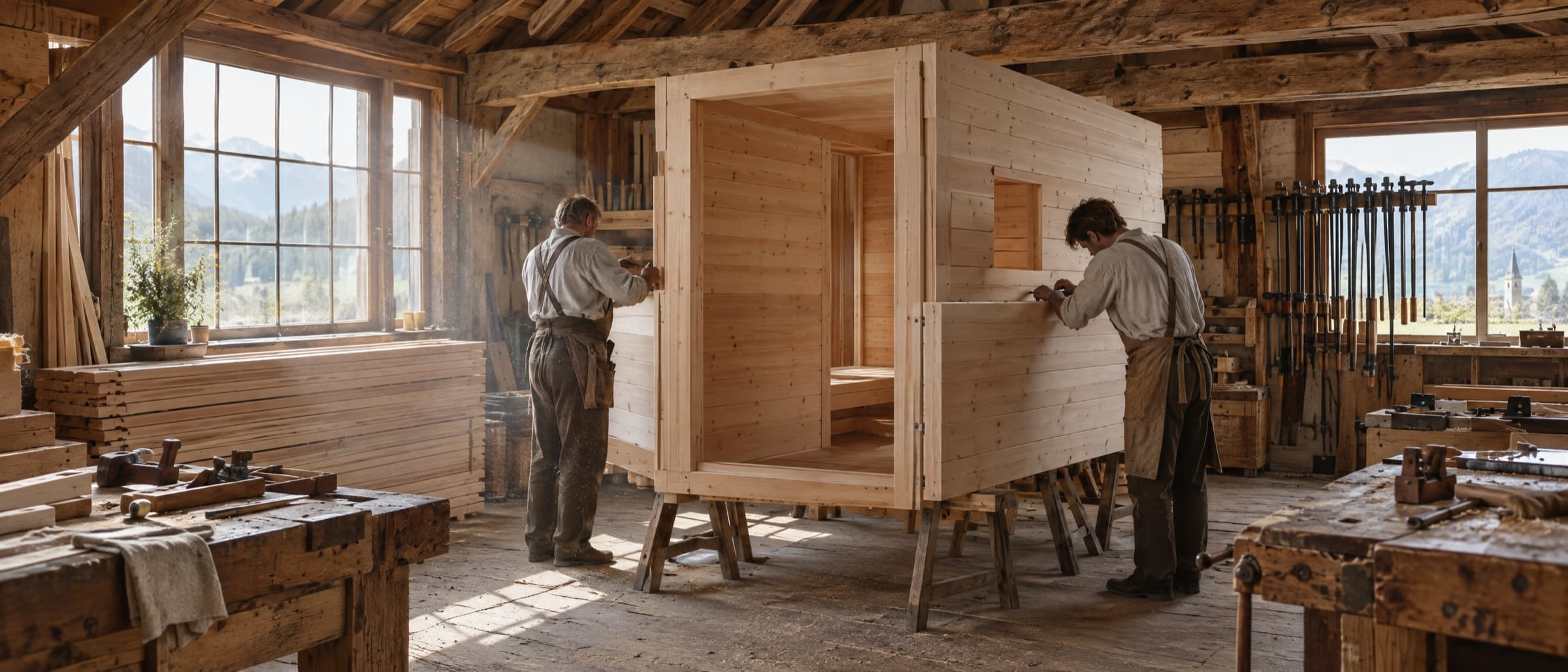 Die Stillhaus-Werkstatt im Chiemgau: Zwei Schreinermeister fertigen eine Sauna aus Massivholz